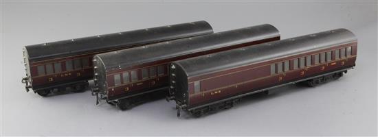 A set of three LMS crimson suburban stock coaches, 2 or 3 rail